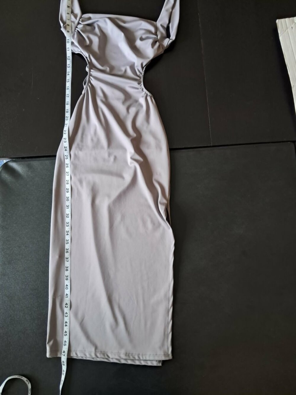 Grey Minimalist Midi Dress XS Square Neck Sleeveless Back Tie Cutout - Picture 5 of 6